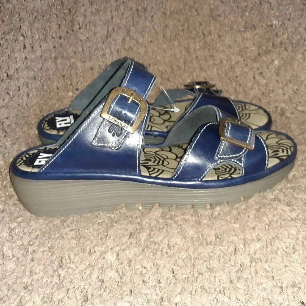 FLY LONDON-ETAN-Navy Blue Leather Slide Sandals - Picture 4 of 7